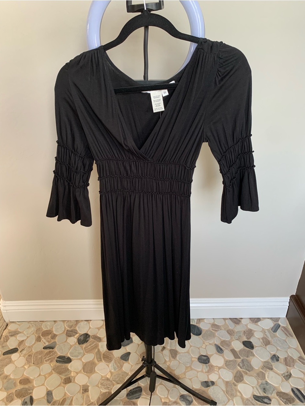 Max Studio Black V-Neck Smocked-Waist Dress